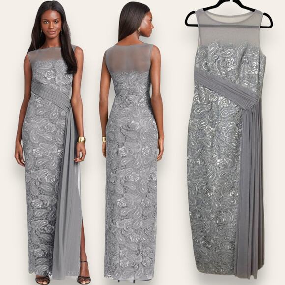 LAUREN RALPH LAUREN DRESS GOWN 4 GRAY LACE FLORAL EMBROIDERED MAXI LONG PAISLEY - Picture 1 of 13